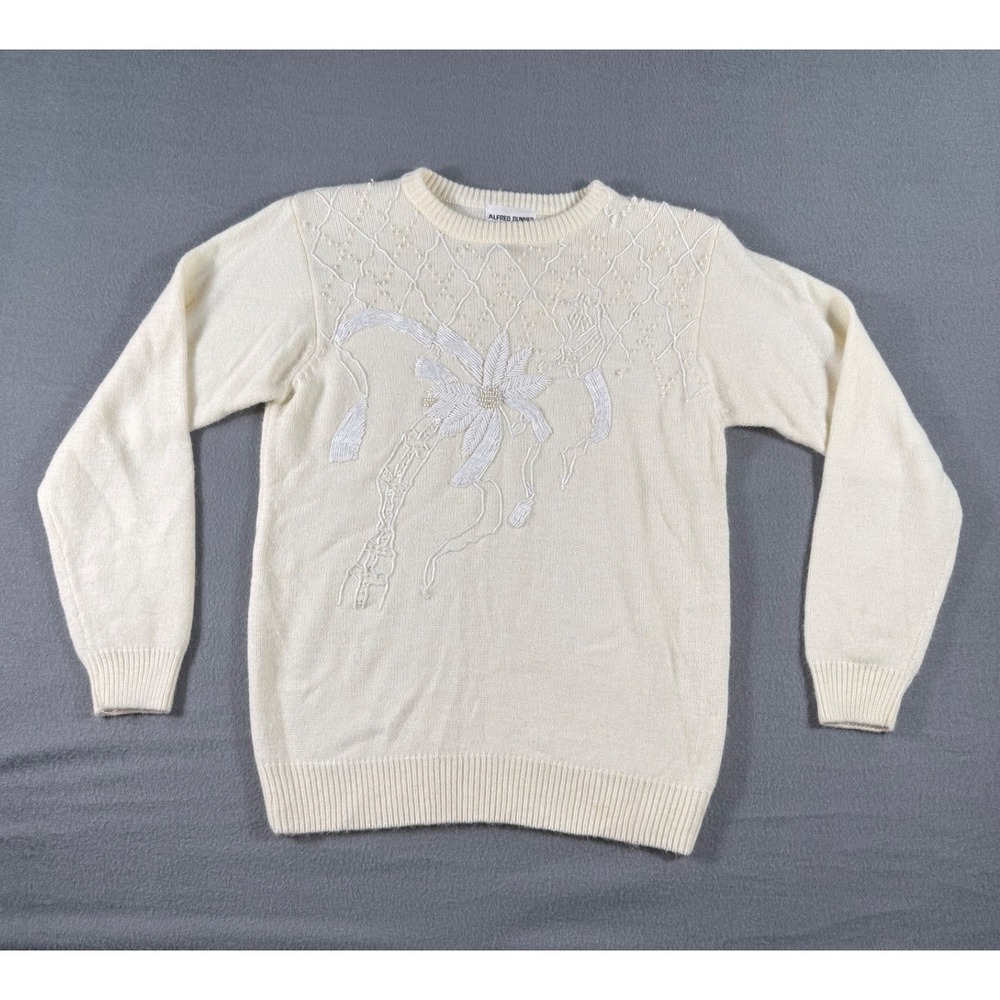 Vintage Alfred Dunner Ivory Sweater Beaded Floral Bow 80s Elegant Knit S Grandma